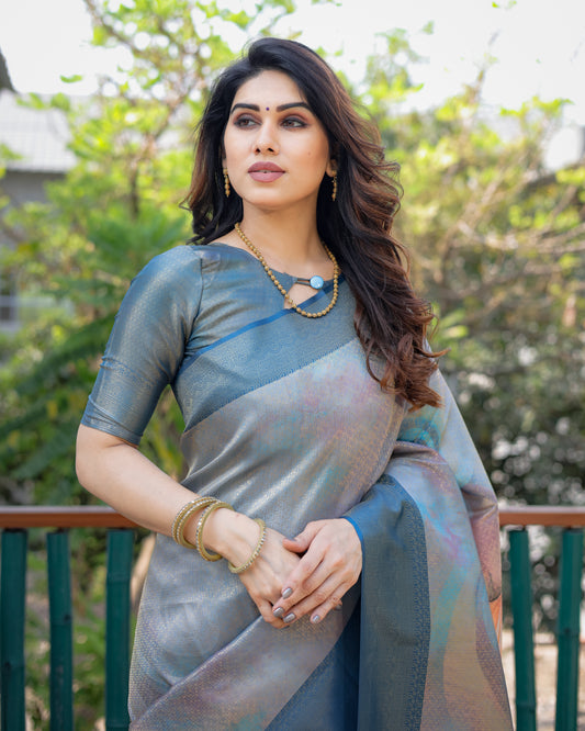 Blue Banarasi Silk Digital Print Work Classic Sari