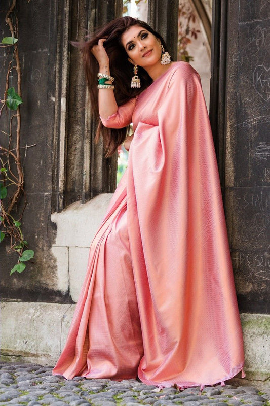 Light Pink Pure Silk Kanjivaram saree for women with border and designer blouse